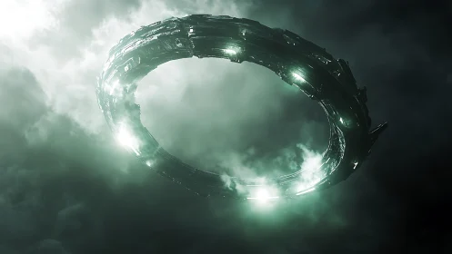 Colossal luminous ring-ship hovering in stormlit nebula.