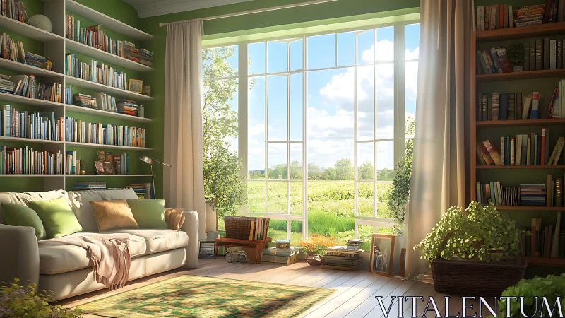 Sunlit reading room overlooks lush countryside through windows