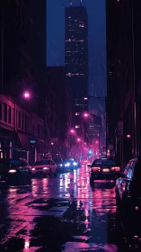 Neon rain city street with towering skyline at night.