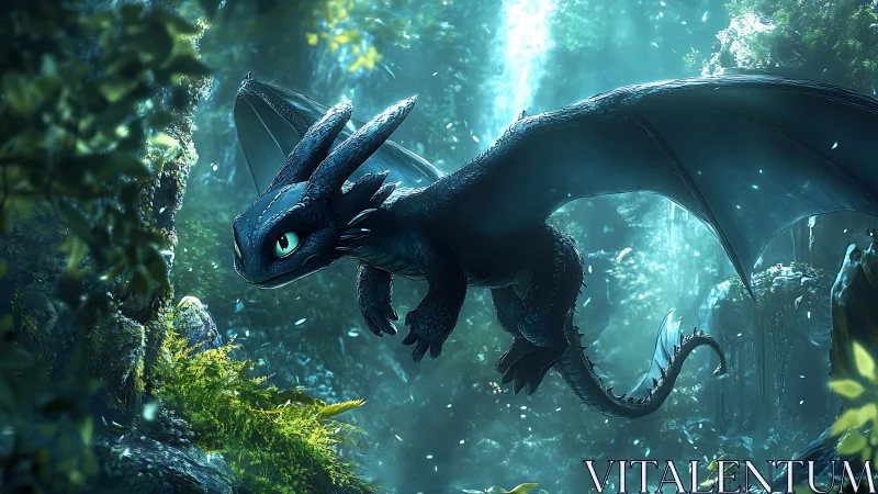 Midnight dragon gliding through luminescent forest canopy.