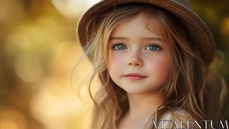 Young child portrait with brown hat and warm golden background lighting