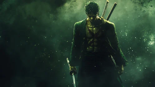 Sword-worn warrior walks through emerald stormlight haze.