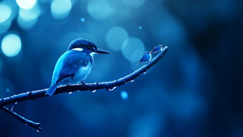 Kingfisher on Wet Branch in Dreamy Blue Toned Nature Scene.