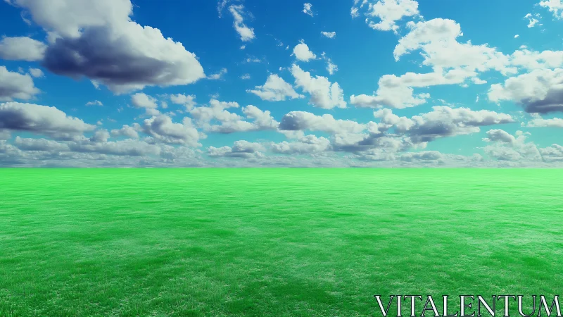 Vast neon grass plain under high-contrast cumulus sky.
