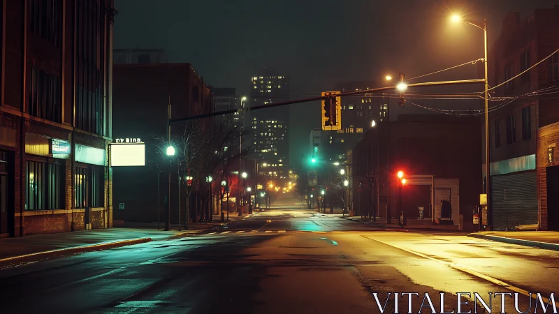 Cinematic urban nightscape with wet street light geometry.