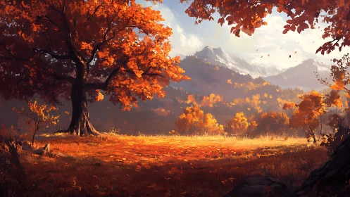 Autumn tree and distant snowcapped mountains in sunlight.