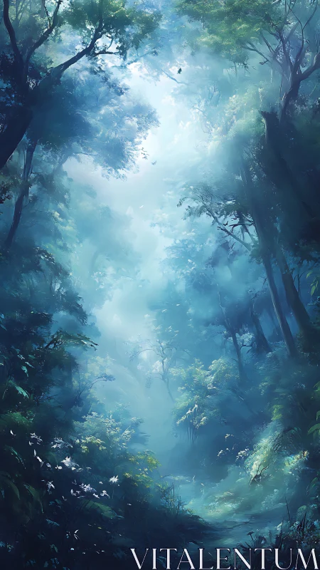 Ethereal Forest Canopy with Atmospheric Light Diffusion and Volumetric Mist