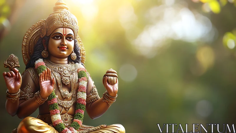 Hindu deity statue garlanded with flowers outdoors.