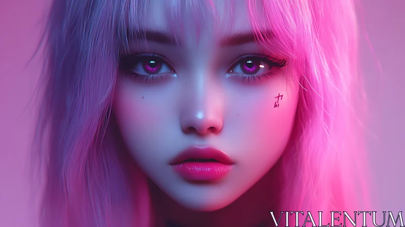 Neon pink cyber girl portrait with glowing violet eyes.