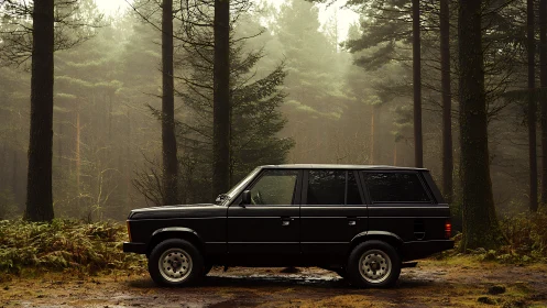 Black classic SUV stands parked in a damp, misty forest