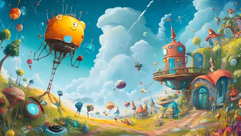Whimsical floating village with smiling orange airship.
