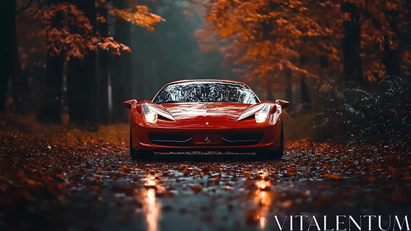 Red supercar cuts through wet autumn forest road.