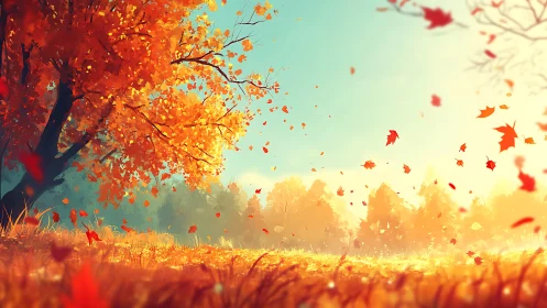 Golden autumn tree sheds glowing leaves into warm sky