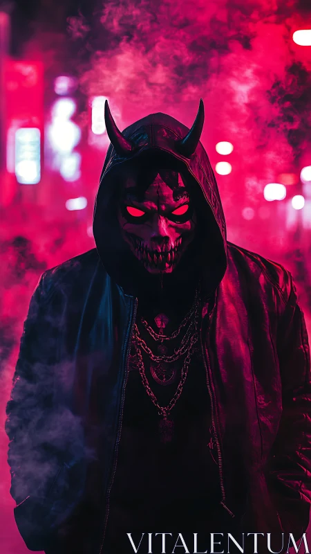 Neon demon figure in hooded jacket under saturated vapor haze.