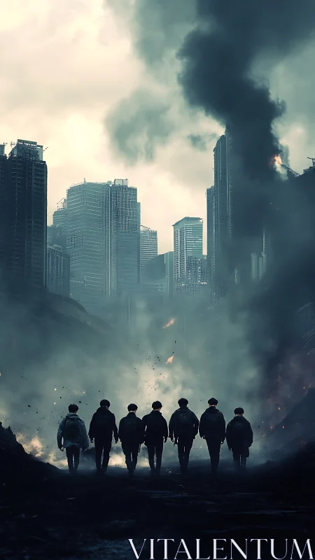 Smoke-walkers crossing a ruined neon city&rsquo;s quiet spine.