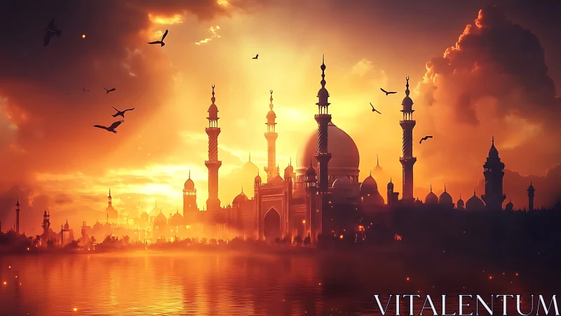 Sunlit domed city skyline with minarets over calm water.