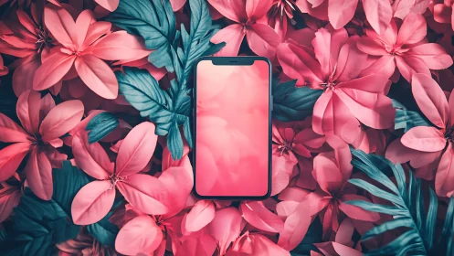 Smartphone Surrounded by Vibrant Pink Floral Blooms.