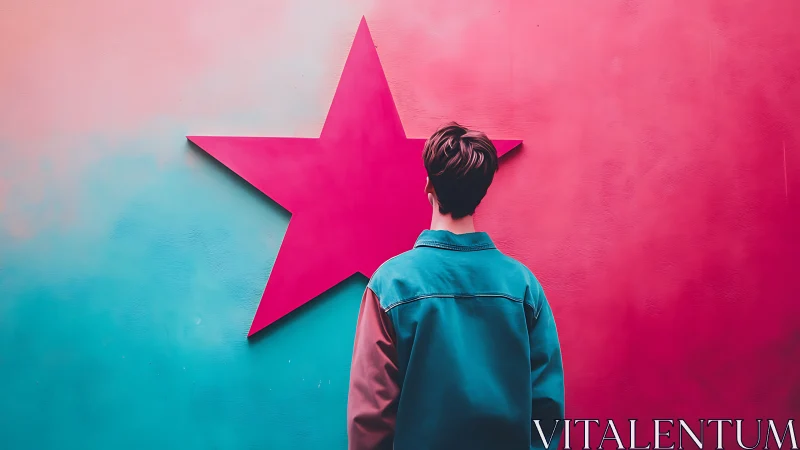 Chromatic portrait of figure facing magenta star wall plane.