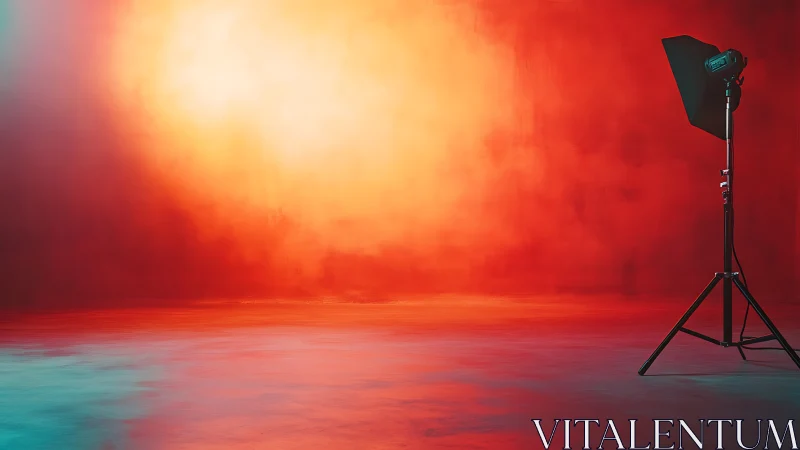 Photo studio light against vivid red orange backdrop.