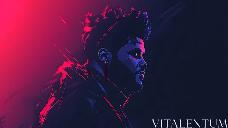 Neon side profile portrait in blue and magenta lighting.