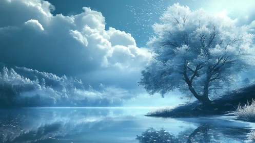 Cryogenic lakeside arboreal silhouette under volumetric clouds.