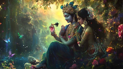 Divine couple shares glowing heart in jeweled forest grove