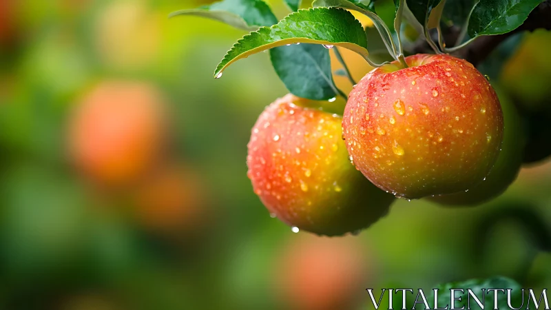 Ripe apples with water droplets on tree branch in orchard.