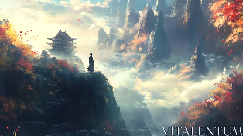 Solitary monk above misty valley and autumn pagoda vista.