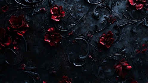 Dark baroque floral relief with crimson blossoms pattern.