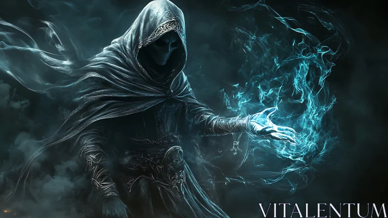 Necromantic wraith conjuring cyan spectral flames in void