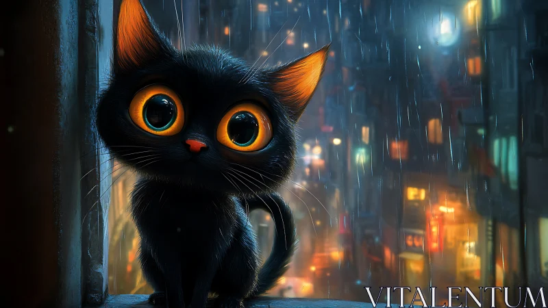 Black Cat with Luminous Eyes in Urban Rain Setting.