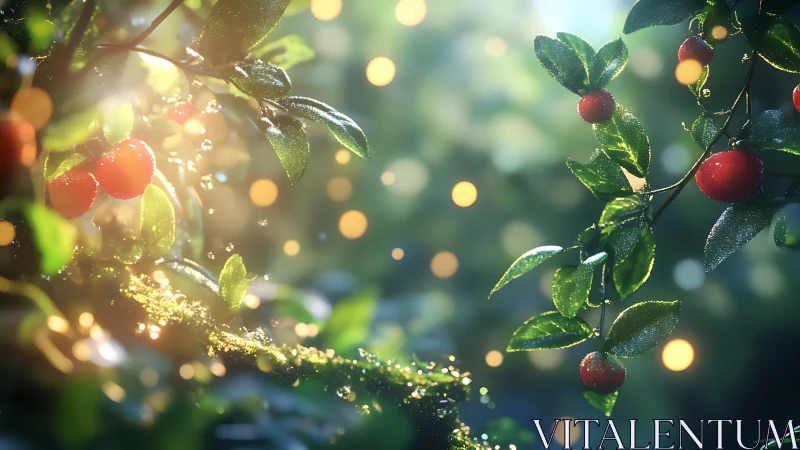 Red berries on dewy branches in glowing forest light.