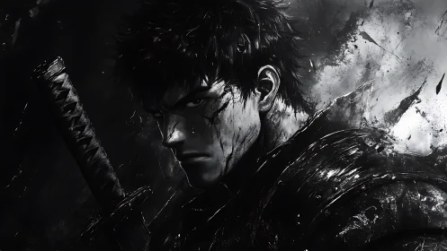 Brooding swordsman stands in swirling monochrome battle haze.