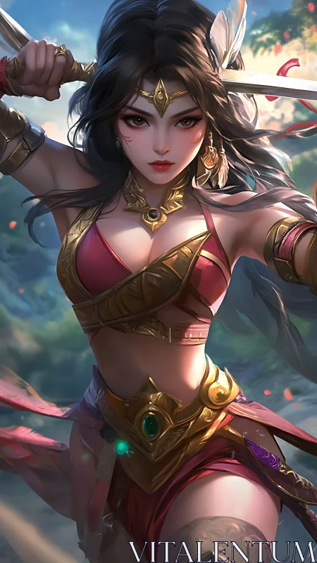 Fierce fantasy warrior woman with sword in battle stance.