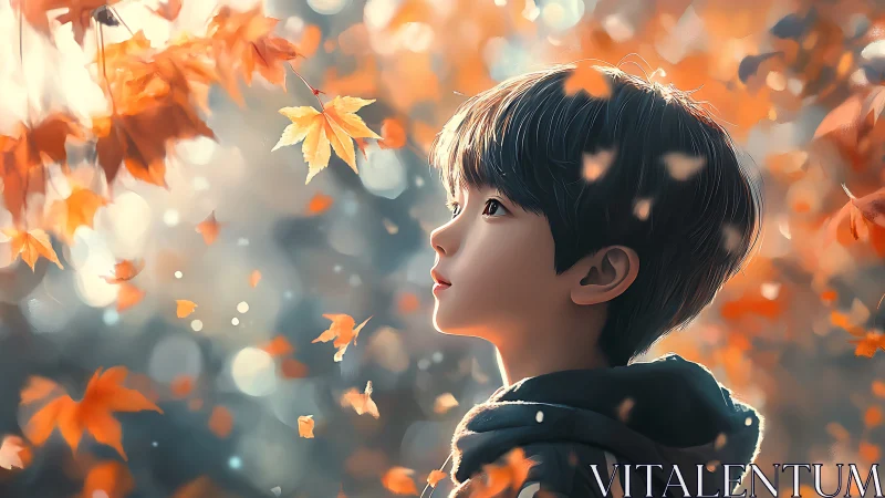 Young child gazes upward under swirling autumn leaves