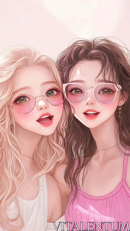 Digital painting portrait of two girls in pastel sunglasses.