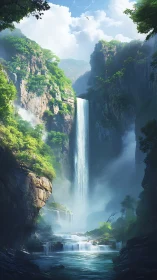 Vertical waterfall in steep forested canyon under clouds.