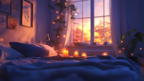 Bedroom interior shows candles on bed before sunset window