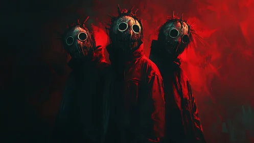 Three masked figures in red atmospheric horror scene.