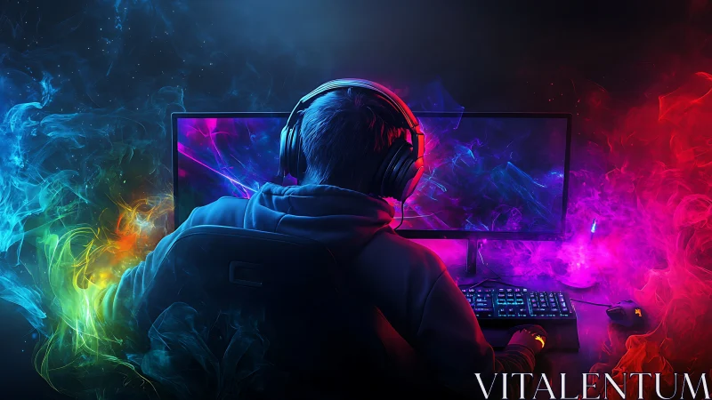 Gamer sits at RGB-lit desk framed by colorful digital smoke