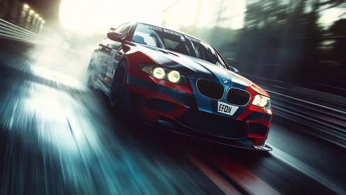 High-velocity BMW race coupe under dynamic motion blur rendering.