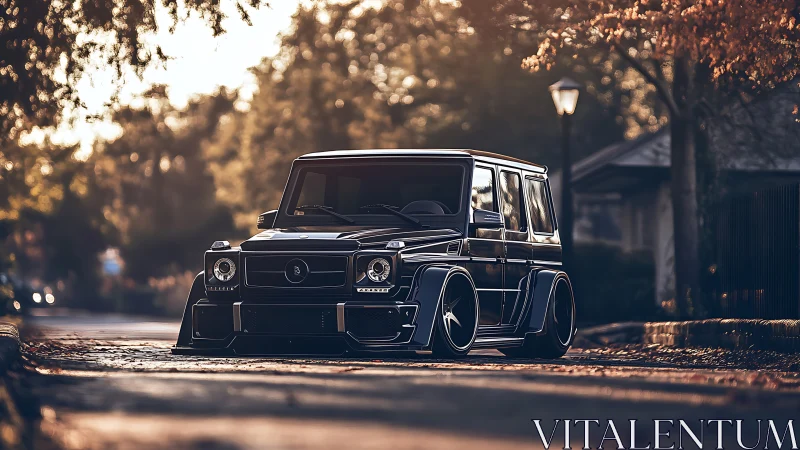 Modified black SUV parked on quiet suburban street.