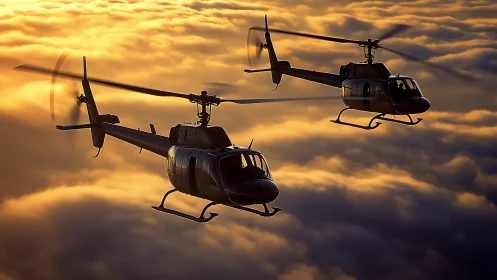 Twin helicopters gliding through golden sunset clouds.