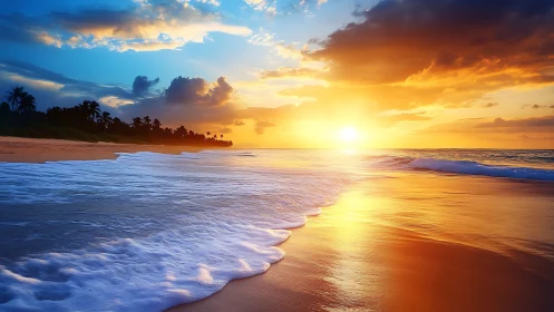 Sunlit tropical shoreline glows under vivid sunset sky.