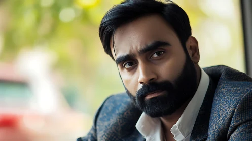 Thoughtful bearded man gazes ahead in soft natural light