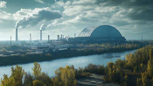 Industrial riverfront skyline under heavy smoke clouds.