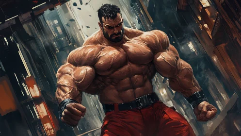 Muscular male fighter stands tensed in a dark urban alley