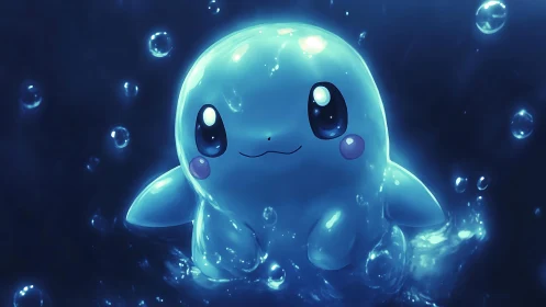 Glowing blue water creature in luminous splash vignette.