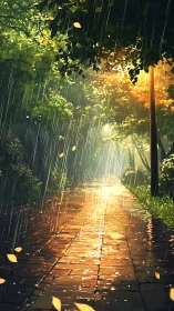 Rainy park path under warm sunset light and trees.