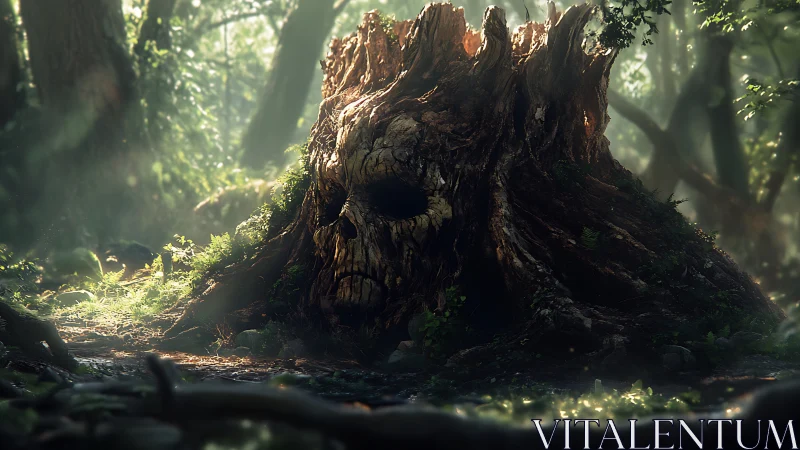 Decaying Forest Guardian: Ancient Skull-Shaped Stump Draped in Verdant Woodland Growth.